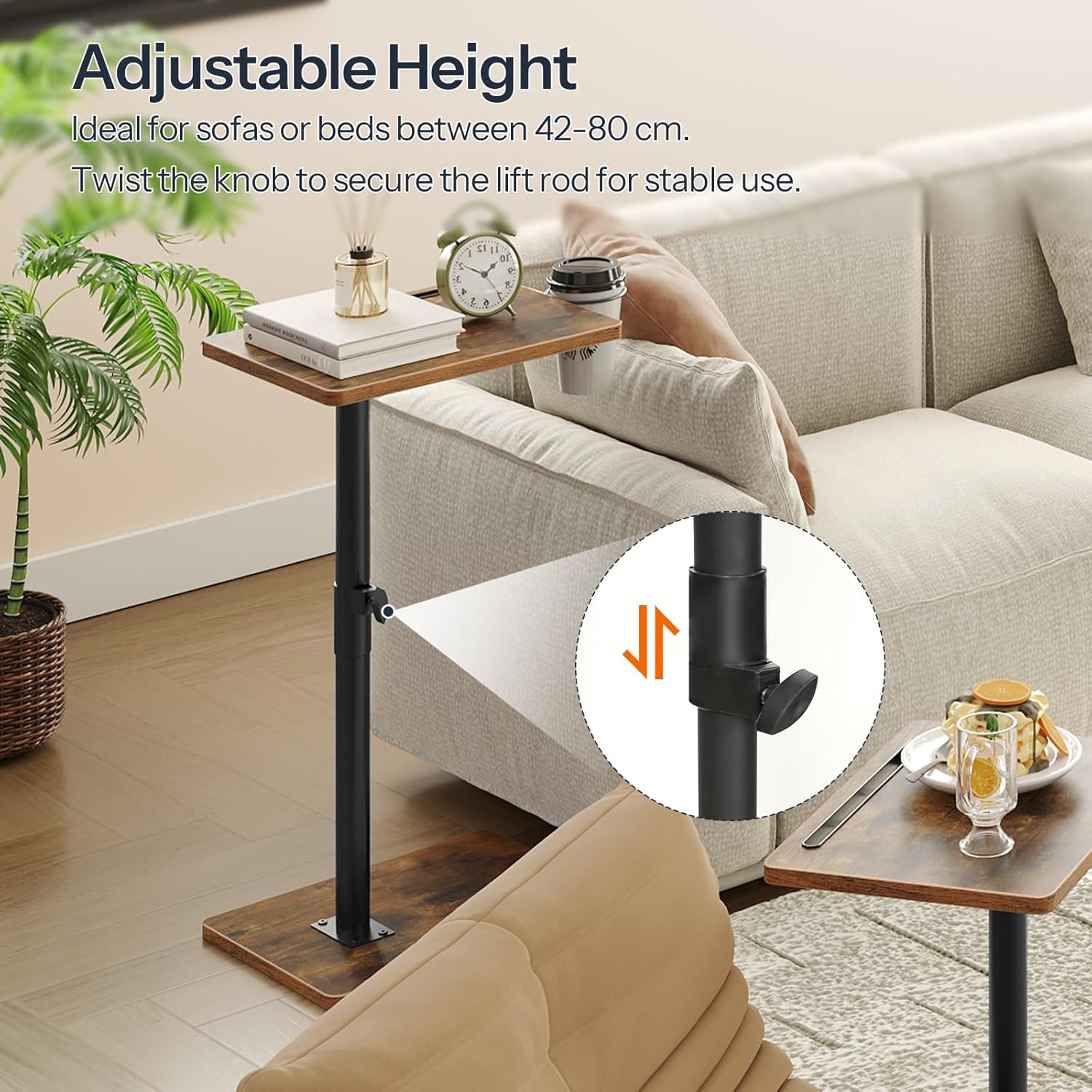 HOOBRO TV Tray Table, 360° Swivel Side Table Sofa Armrest Tray for Couch, Height Adjustable C Shaped End Table, Snack Desk with Cup Holder, for Small Spaces, Rustic Brown and Black BF234BZ01