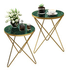 HLR Modern Round Side Table, End Table with Marble Effect Top and Gold Metal Frame, Small Side Table for Living Room, Bedroom, Sofa and Couch, Gold Legs, Green Marble top