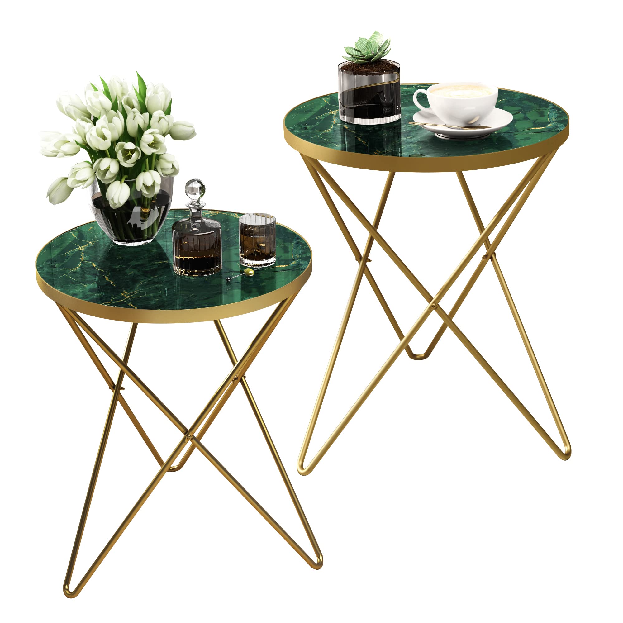 HLR Modern Round Side Table, End Table with Marble Effect Top and Gold Metal Frame, Small Side Table for Living Room, Bedroom, Sofa and Couch, Gold Legs, Green Marble top