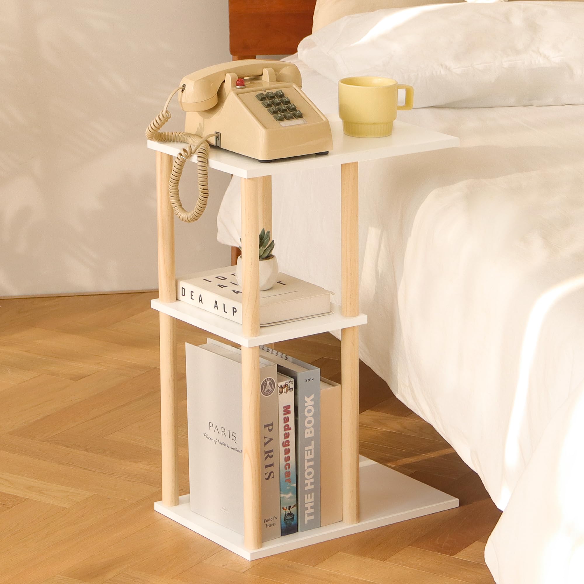 AWASEN C Shaped End Table, Small Side Table for Couch, 3-Tier Wood Sofa Table Coffee Table for Living Room, Small Space, Bedroom, Home Office, Easy Assembly, Natural