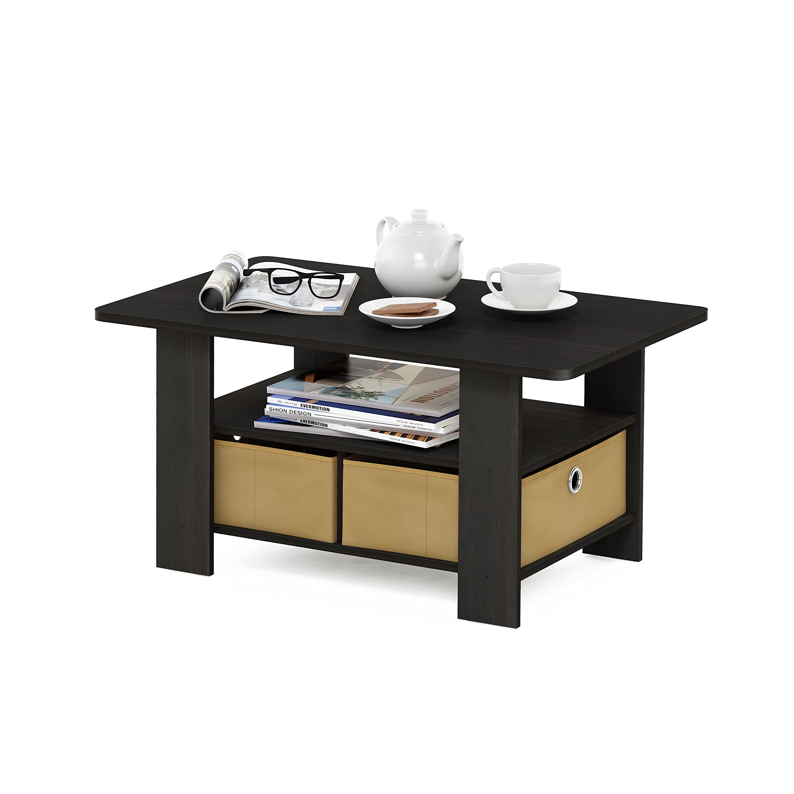 Furinno Andrey Coffee Table with Bin Drawer, Americano/Medium Brown, Small Non-Lift Top