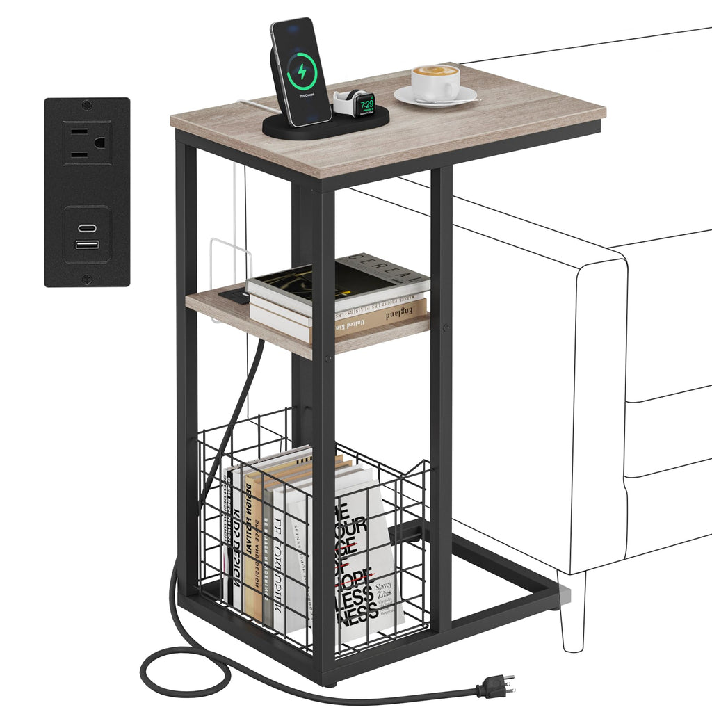 Vagusicc C Shaped End Table with Charging Station, Side Table for Couch, Small Side End Table for Small Spaces, 28" High Slide Under Sofa Table for Coffee, Tv Tray Table for Living Room, Rustic Brown
