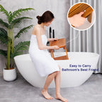 NNN 14" Compact Teak Shower Stool with Shelf & Handle - Waterproof, Non-Slip Bath Bench for Small Bathrooms/Outdoor Use, 300 lbs Capacity (Patented)