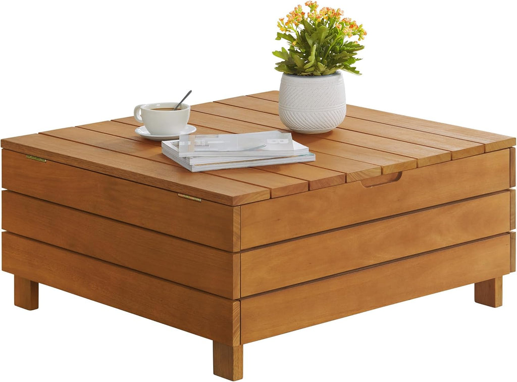 Outdoor Coffee Table - Weather-Resistant Eucalyptus Wood Patio Furniture Table with Lift Top Storage Compartment (Brown)