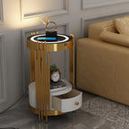 Gold Led Smart Round Nightstand with Drawer,Sofa Narrow End Table with Wireless Charging Station,Small Spaces Coffee Table/Bedside Table/Unique Accent Side Table