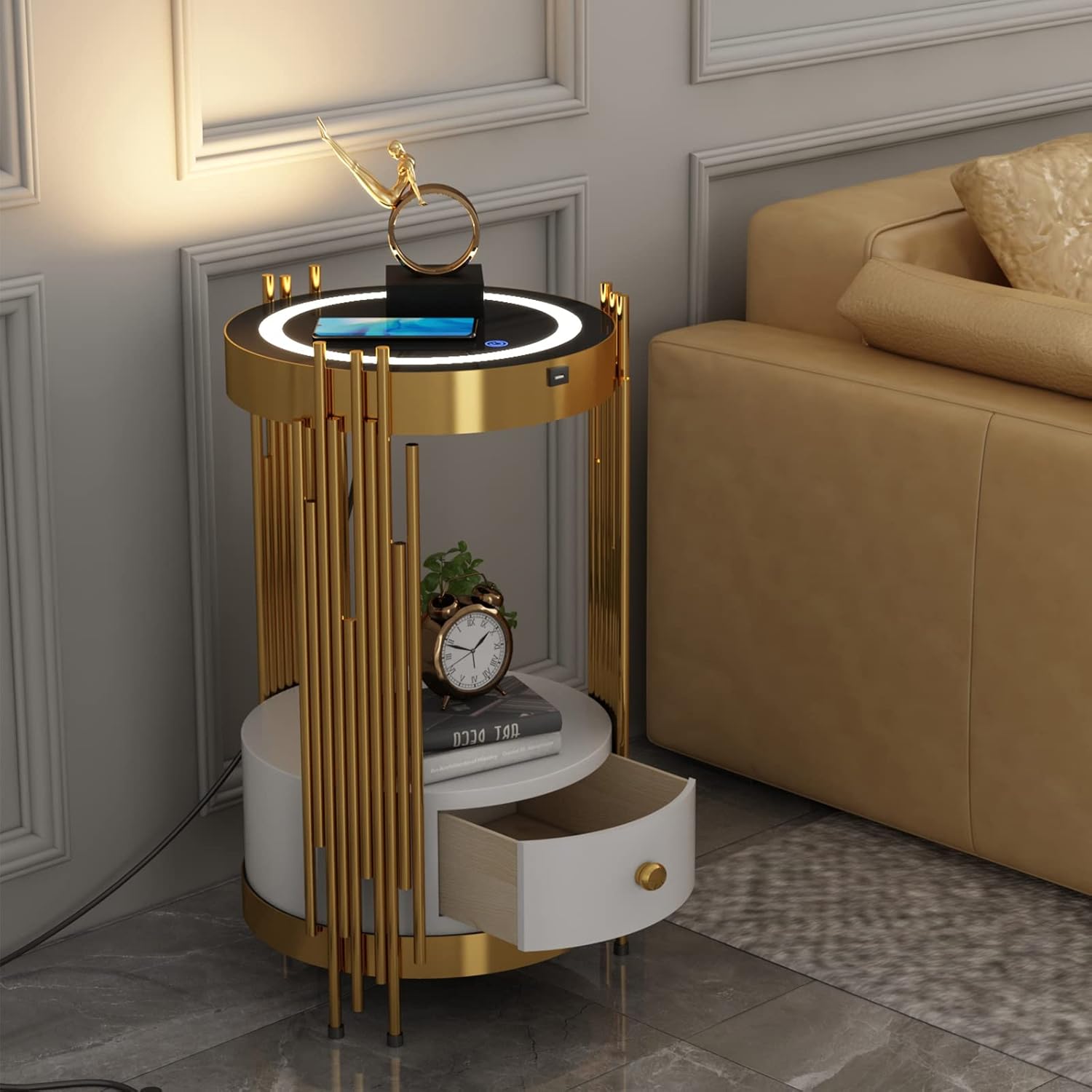 Gold Led Smart Round Nightstand with Drawer,Sofa Narrow End Table with Wireless Charging Station,Small Spaces Coffee Table/Bedside Table/Unique Accent Side Table