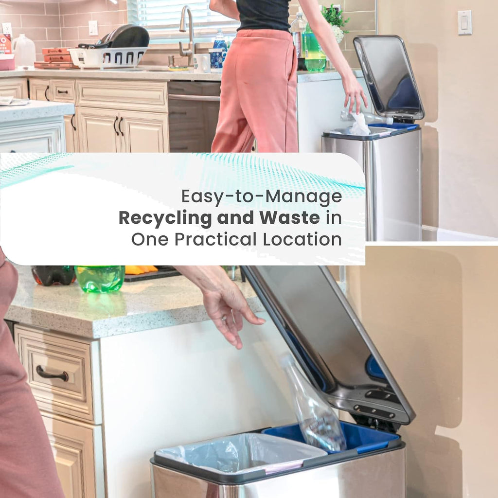 Home Zone Living 13 Gallon Slim Kitchen Trash Can with Dual Compartments for Trash and Recycling, Soft Close Lid, Step Pedal, Stainless Steel, Silver, Gen 1