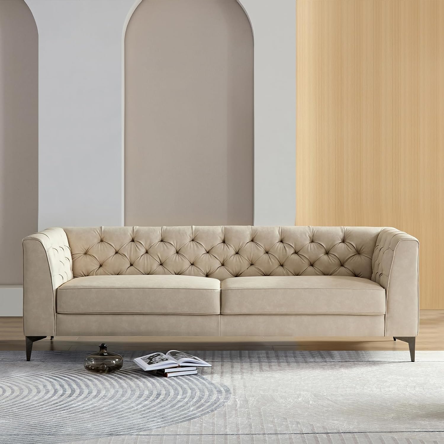 90.5" Mid-Century Modern Sofa Leather Couch, 3-Seater Tuxedo Tufted Couch, Vintage Luxury Chesterfield Sofas with Metal Legs, Modern Upholstered Couches for Living Room, Apartment, Office, Brown