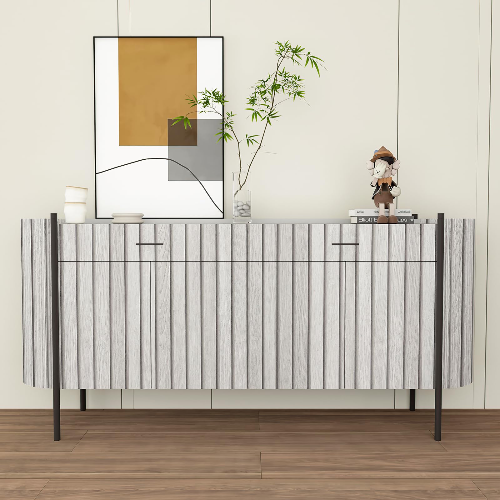 کاغذ دیواری چوبی راه‌راه کرم سفید خاکستری 16"×118" JSEVEM سه‌بعدی، قابل جدا شدن و چسباندن، ضدآب، کاغذ تماس چوبی با نوار خاکستری، وینیل خودچسب برای دیوارها، کابینت‌ها، کانتر آشپزخانه