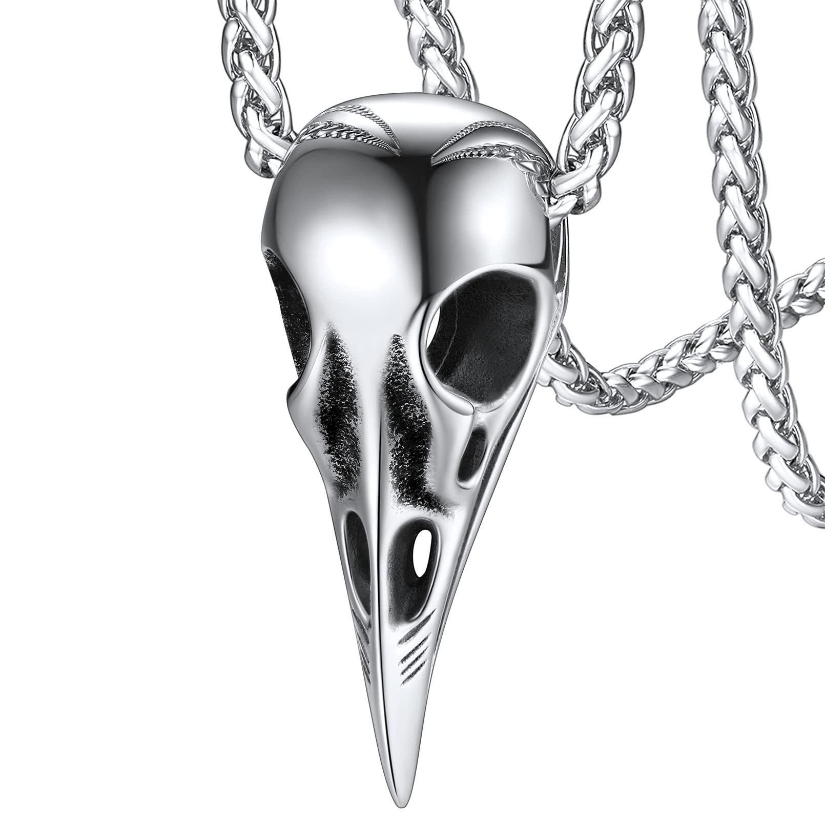 FaithHeart Viking Raven Necklace for Men, Norse Mythology Raven Skull Pendant Sturdy Stainless Steel Amulet Jewelry Gift for Men