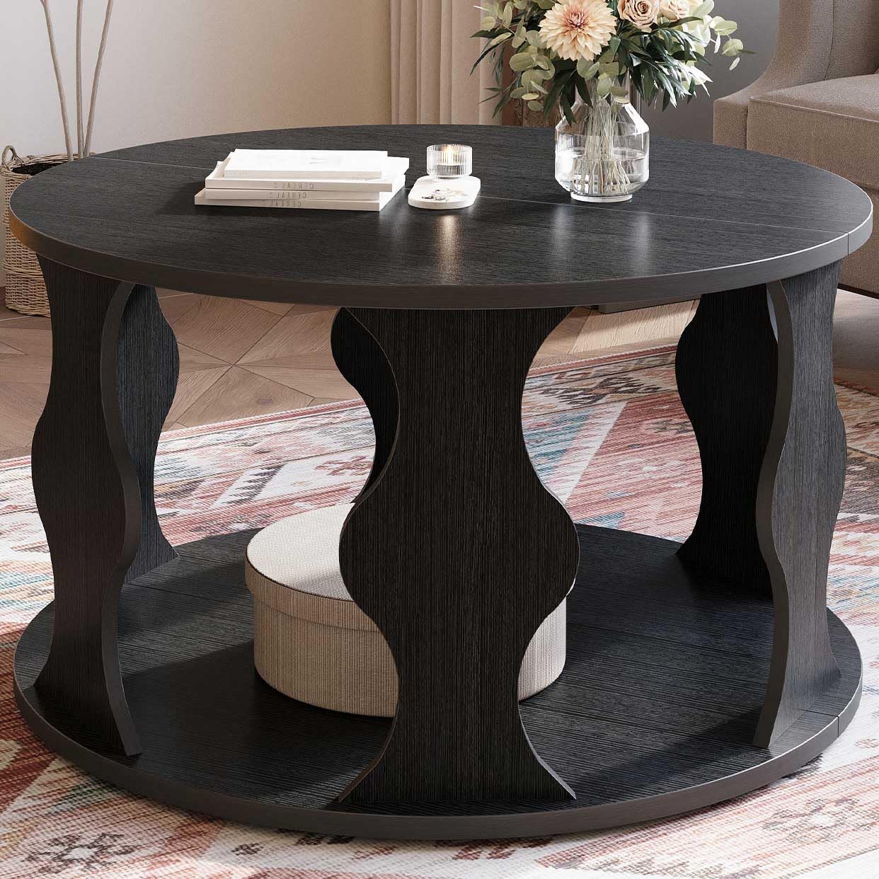 HSH Round Wood Coffee Table, 2 Tier Circle Center Table with Storage, Farmhouse Modern Wooden Living Room Coffee Tea Tables, Unique Vintage Circular Middle Cocktail Table, 31.5 in Rustic Brown