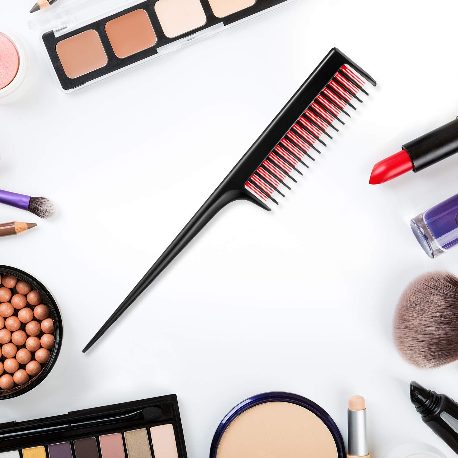 Leinuosen 3 Pcs Triple Teasing Comb Rat Tail Tool Tease Layers Pintail Comb for Women Back Root Teaser Adding Volume Structure Styling(Black and Red)