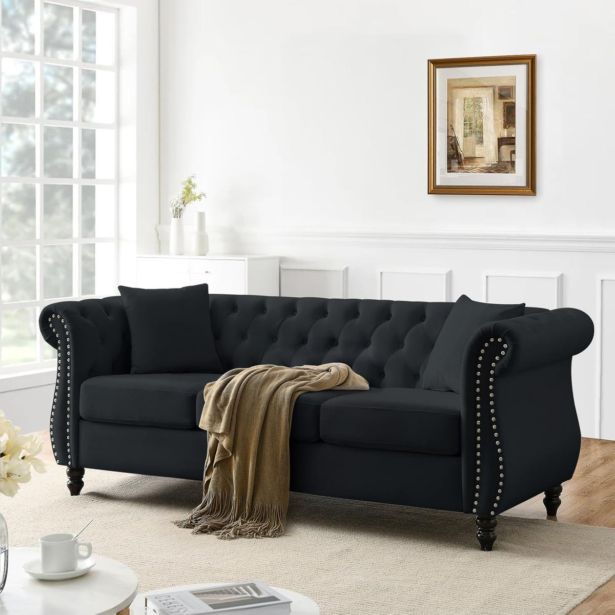 Chesterfield Sofa Couch,80" Button Tufted Velvet Sofa with Rolled Arms&Nailhead Trim,Comfy 3 Seater Sofa,Oversize Mid Century Modern Couch for Living Room,Bedroom,Apartment,Office(Black)