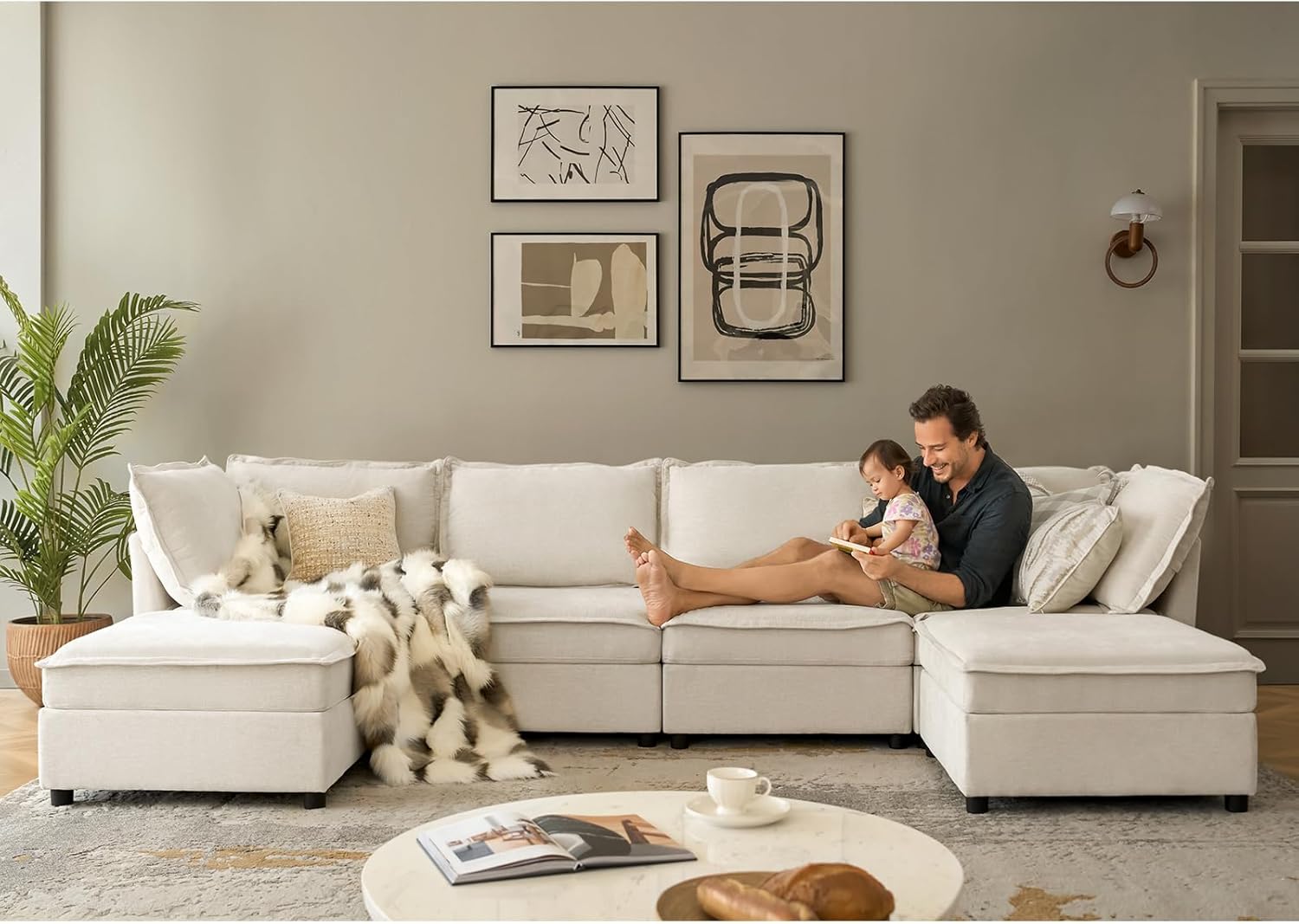 HULALA HOME 127'' Modular Sectional Sofa, Oversized U Shaped Couch with Storage Ottoman, Extra Deep Seat, Modern Comfy Chenille Sofa with Chaise, 6 Seat Convertible Couches for Living Room, Beige