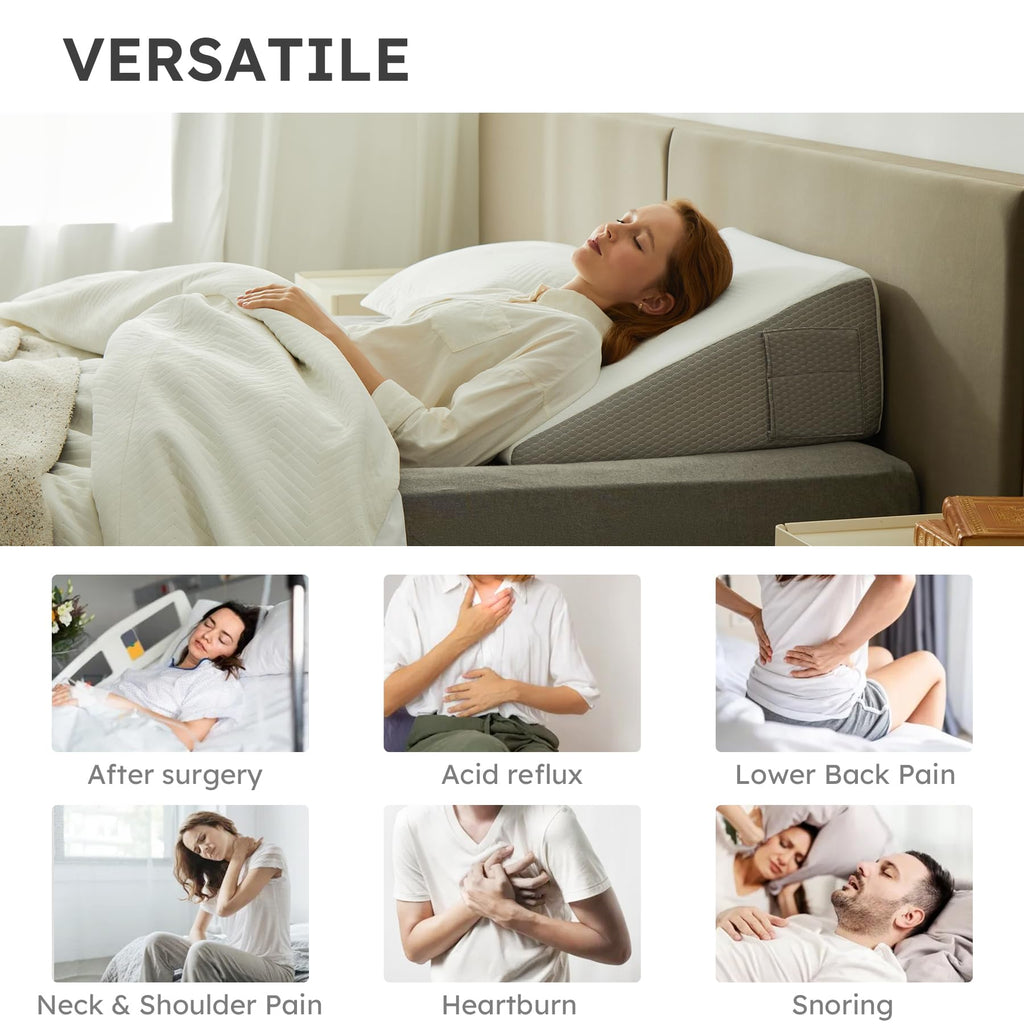Bedluxe Keilkissen, 10 Zoll Keilkissen für Kopfteil, Keilkissen zur Linderung von Säurereflux, Schlafen, Rückenschmerzen, Schnarchen, Dreieckskissen - Kühlender Memory-Schaum oben, Weiß/Grau