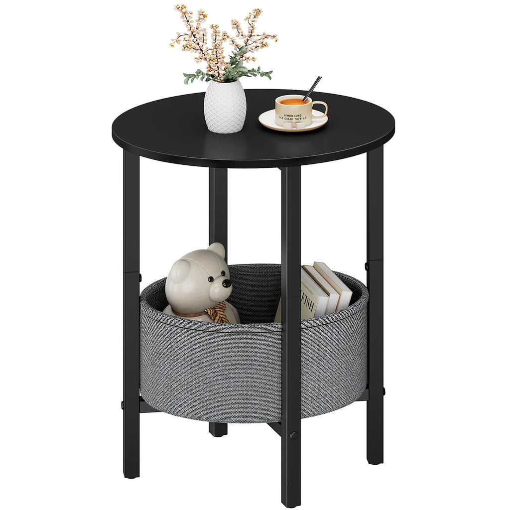 Vagusicc Round Side Table End Table with Storage Basket, Small Side Table Round Nightstand for Small Spaces, Tall Oval End Table with Steel Frame, Coffee Bedside Table for Living Room Bedroom, White