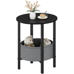 Vagusicc Round Side Table End Table with Storage Basket, Small Side Table Round Nightstand for Small Spaces, Tall Oval End Table with Steel Frame, Coffee Bedside Table for Living Room Bedroom, White