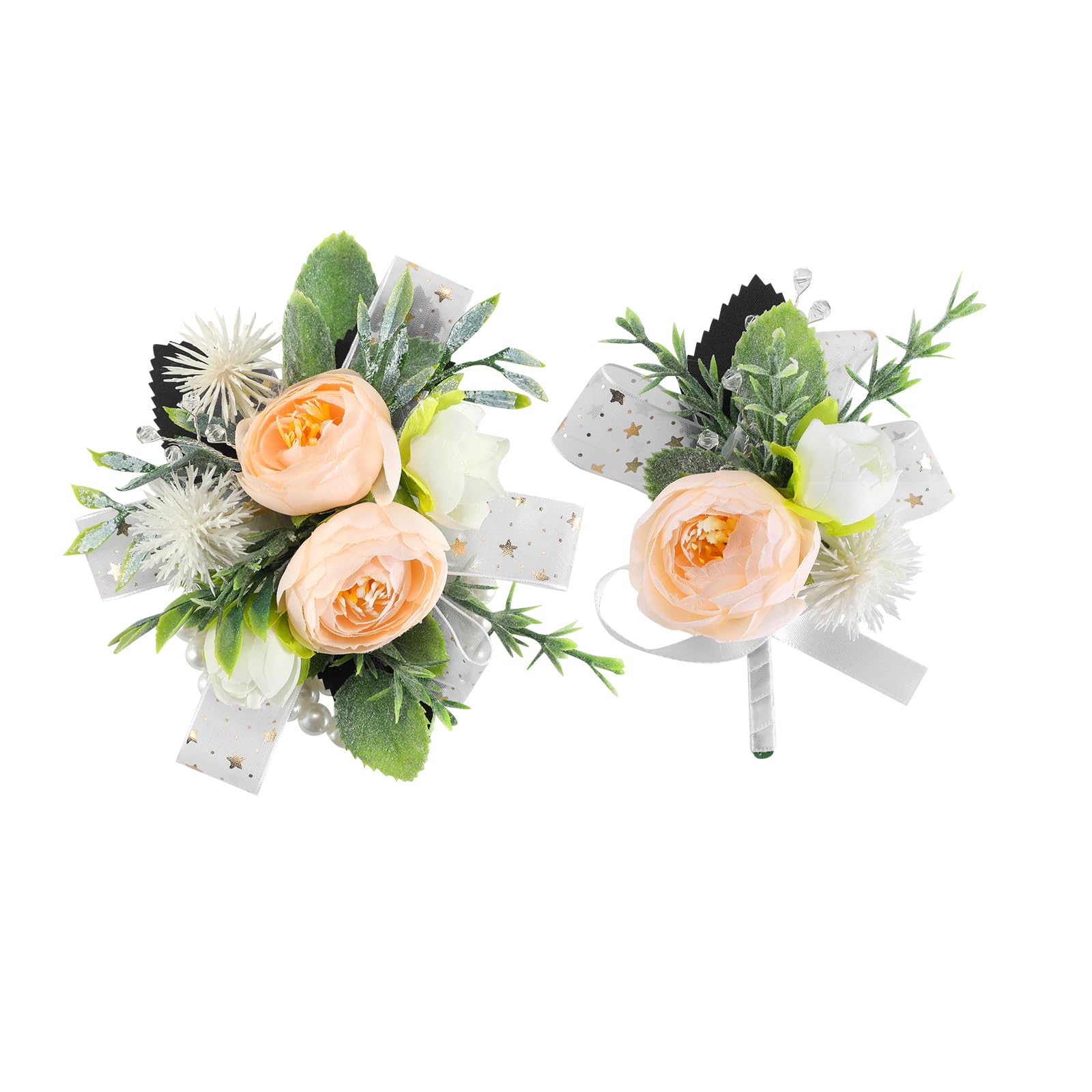 MYXUANFA 2PCS Wrist Corsage and Boutonniere Set, Corsage Wristlet for Prom Decor Champagne Corsages Artificial Flowers Boutonniere for Men Wedding Flowers Bride Bridesmaid Party Suit Decoration