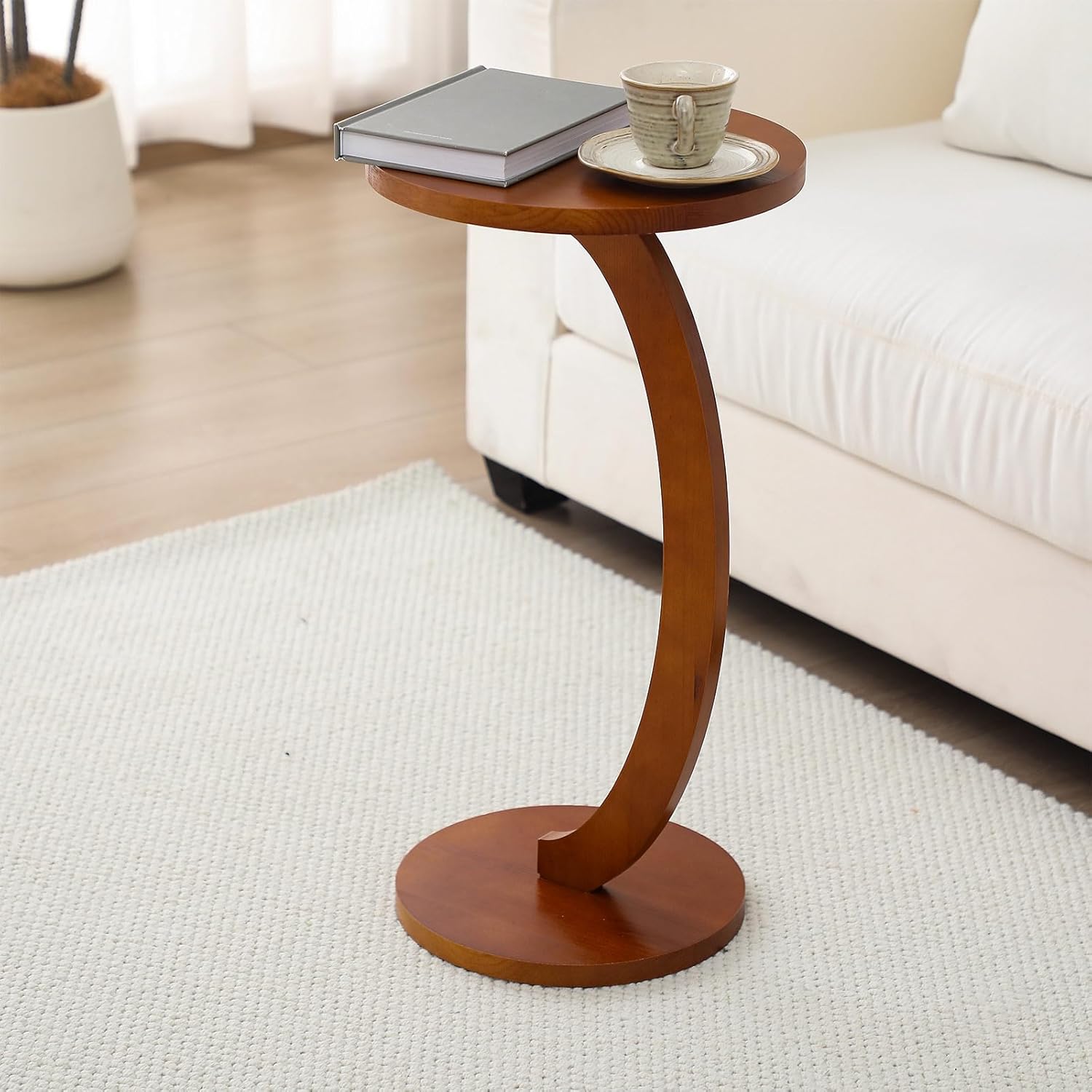 Leinuosen C Shaped Round End Table Solid Wood Handmade Side Table for Couch, Sofa, Living Room, Coffee and Eating Snack Tray (C Shaped Round,13.39 x13.39 x 23.43 Inch)