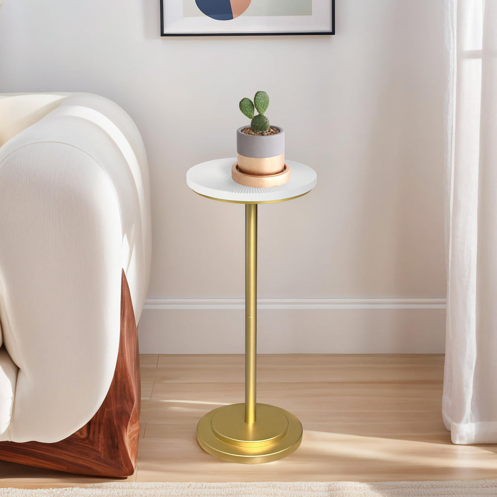 Drink Table, Carved Table Top Small Pdestal Martini SideTable for Living Room, Bedroom, Modern, Weighted Base, White and Gold