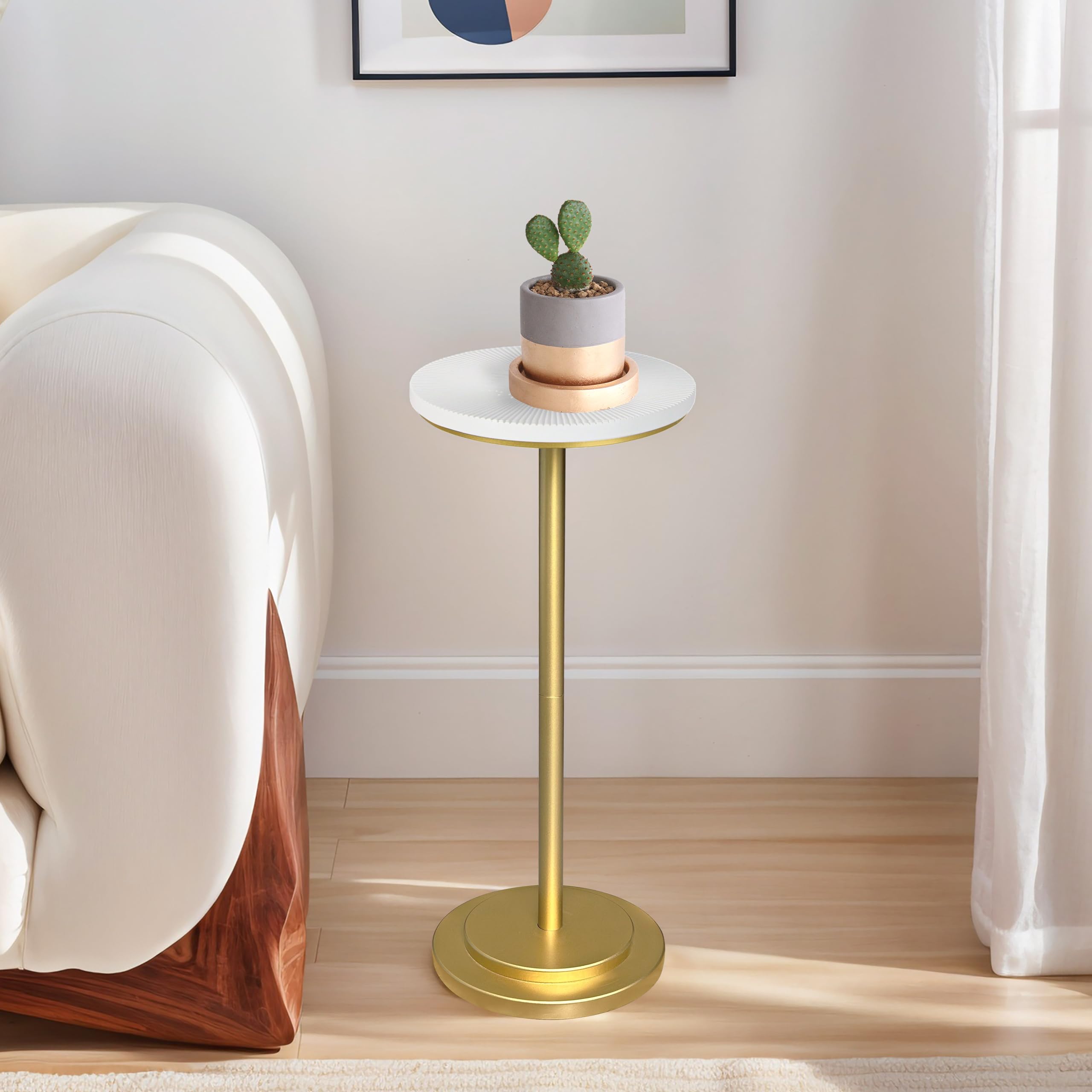 Drink Table, Carved Table Top Small Pdestal Martini SideTable for Living Room, Bedroom, Modern, Weighted Base, White and Gold