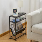 Narrow End Table for Small Spaces - Slim Side Table with Magazine Holder,2 in 1 Design Narrow Coffee Table Living Room,Skinny Bedroom Nightstand Thin Side Magazine Table,Black