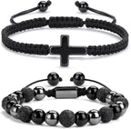 2 pcs Cross Beaded Bracelets for Men,8mm Black Obsidian Tiger eyes Hematite Mens Triple Protection Bracelet Set Fathers Day Birthday Jewelry Gifts
