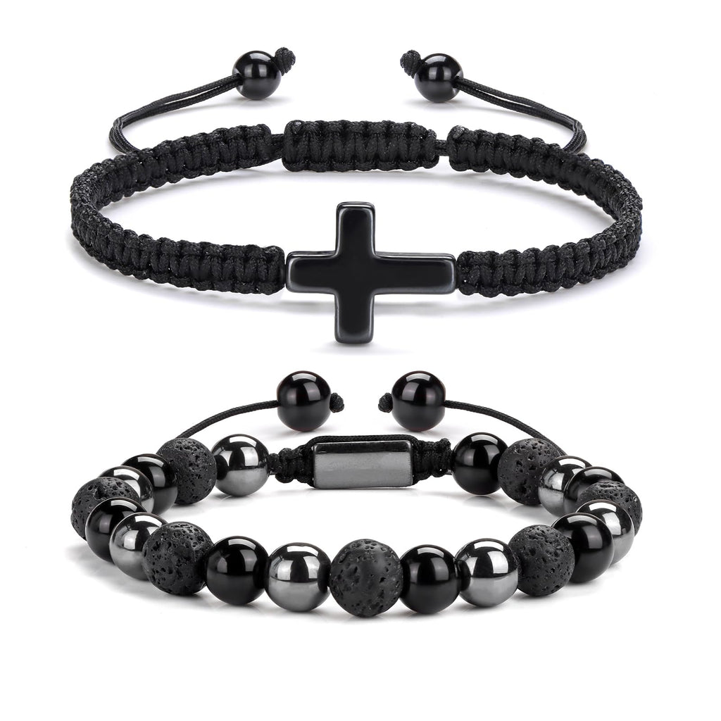 2 pcs Cross Beaded Bracelets for Men,8mm Black Obsidian Tiger eyes Hematite Mens Triple Protection Bracelet Set Fathers Day Birthday Jewelry Gifts