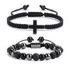 2 pcs Cross Beaded Bracelets for Men,8mm Black Obsidian Tiger eyes Hematite Mens Triple Protection Bracelet Set Fathers Day Birthday Jewelry Gifts