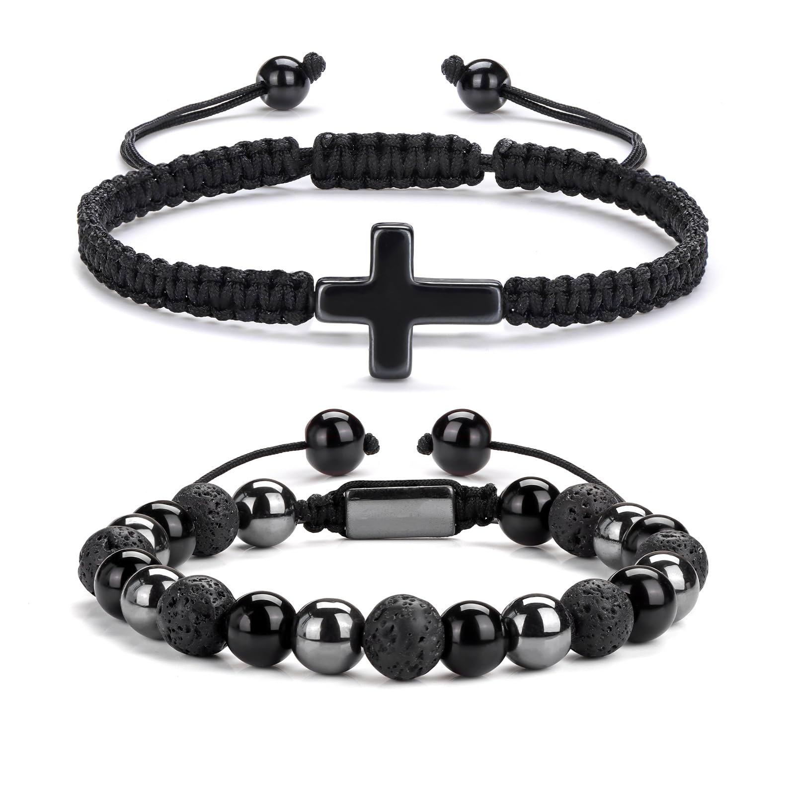 2 pcs Cross Beaded Bracelets for Men,8mm Black Obsidian Tiger eyes Hematite Mens Triple Protection Bracelet Set Fathers Day Birthday Jewelry Gifts