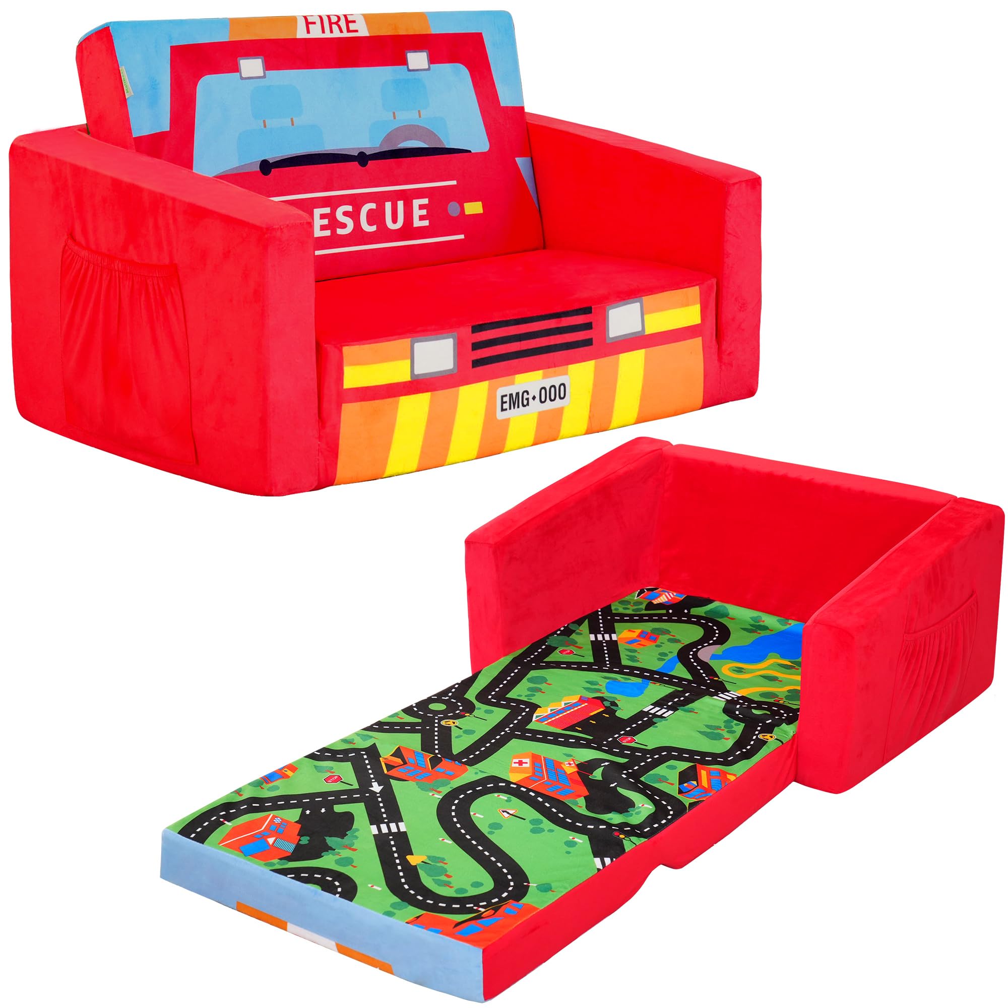 Canapés pour enfants MallBest Canapé-lit pour enfants Canapé rembourré pour bébé Chaise pour nuitée Fauteuil inclinable rabattable (Rouge/Camion de pompiers)