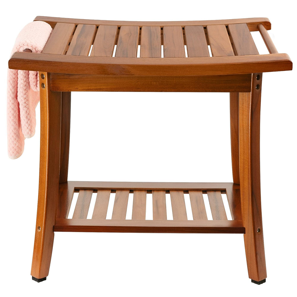 Utoplike Teak Shower Bench Seat with Handles, Portable Wooden Spa Bathing Stool with Storage Towel Shelf, 22" x 13" x 18.6", Perfect for Indoor and Outdoor Use
