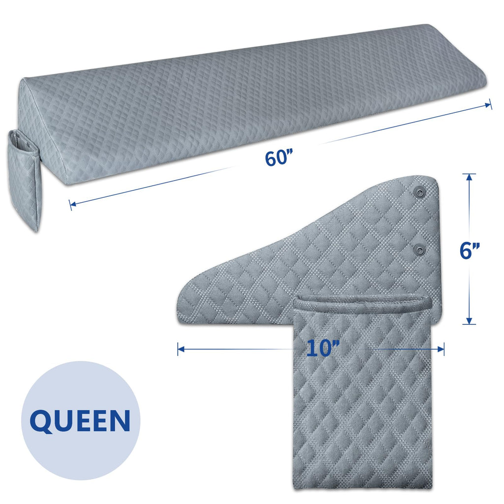 Kayfia Queen Size Pillow Wedge for Headboard Gap Bed Gap Filller (0-8") Mattress Space Filler Pillow Stopper with 2 Side Pocket Triangle Foam Pillow Wedge Between Headboard Mattress(Grey, 60"x10"x6")