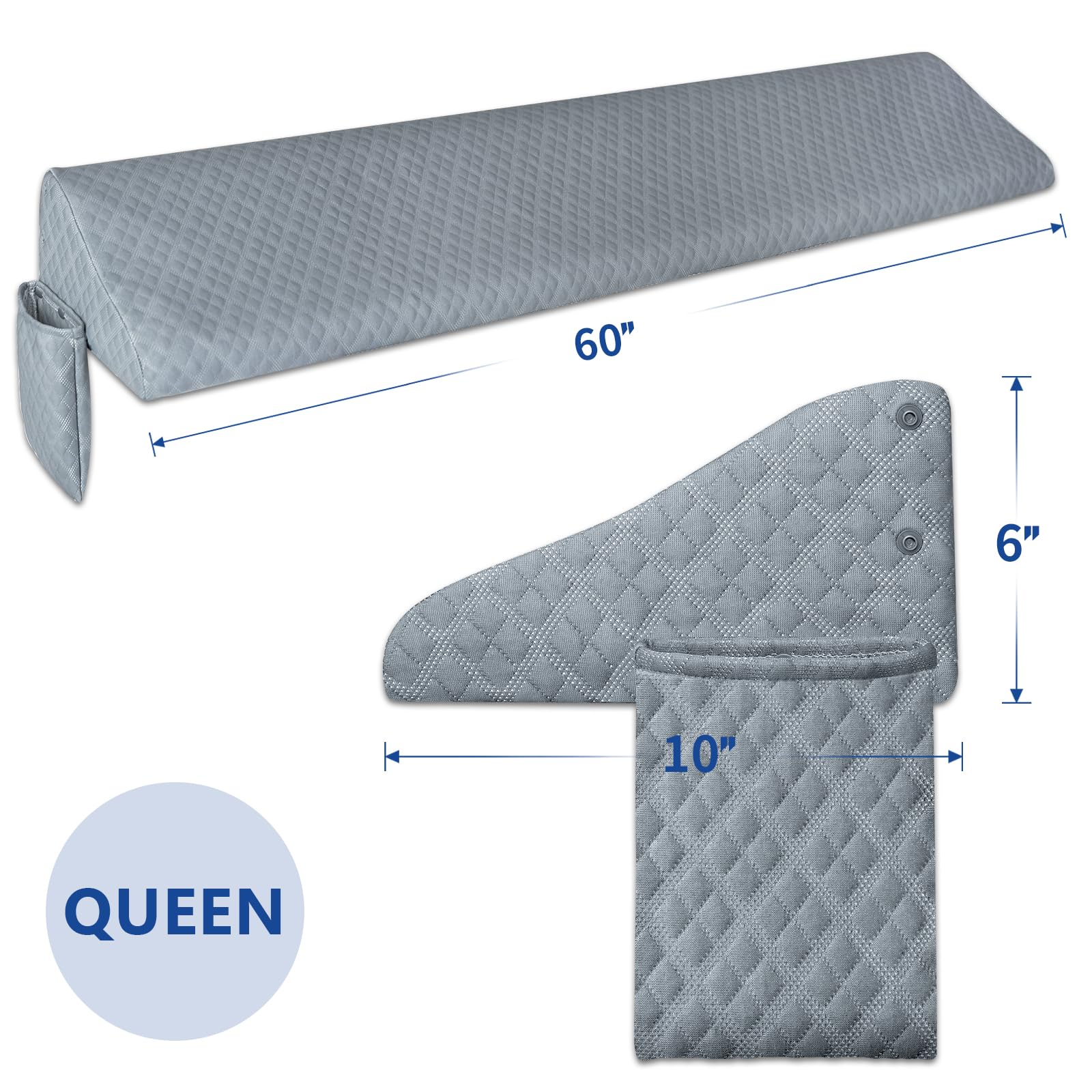 Kayfia Queen Size Pillow Wedge for Headboard Gap Bed Gap Filller (0-8") Mattress Space Filler Pillow Stopper with 2 Side Pocket Triangle Foam Pillow Wedge Between Headboard Mattress(Grey, 60"x10"x6")
