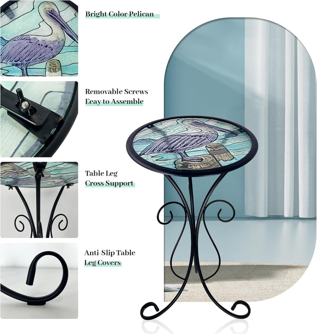 HONGLAND Outdoor Side Table, Small Outdoor Table, 12" Round Patio Side Table End Table, Glass Plant Stand, Small Bistro Coffee Table for Garden Patio Porch Living Room (Pelican)