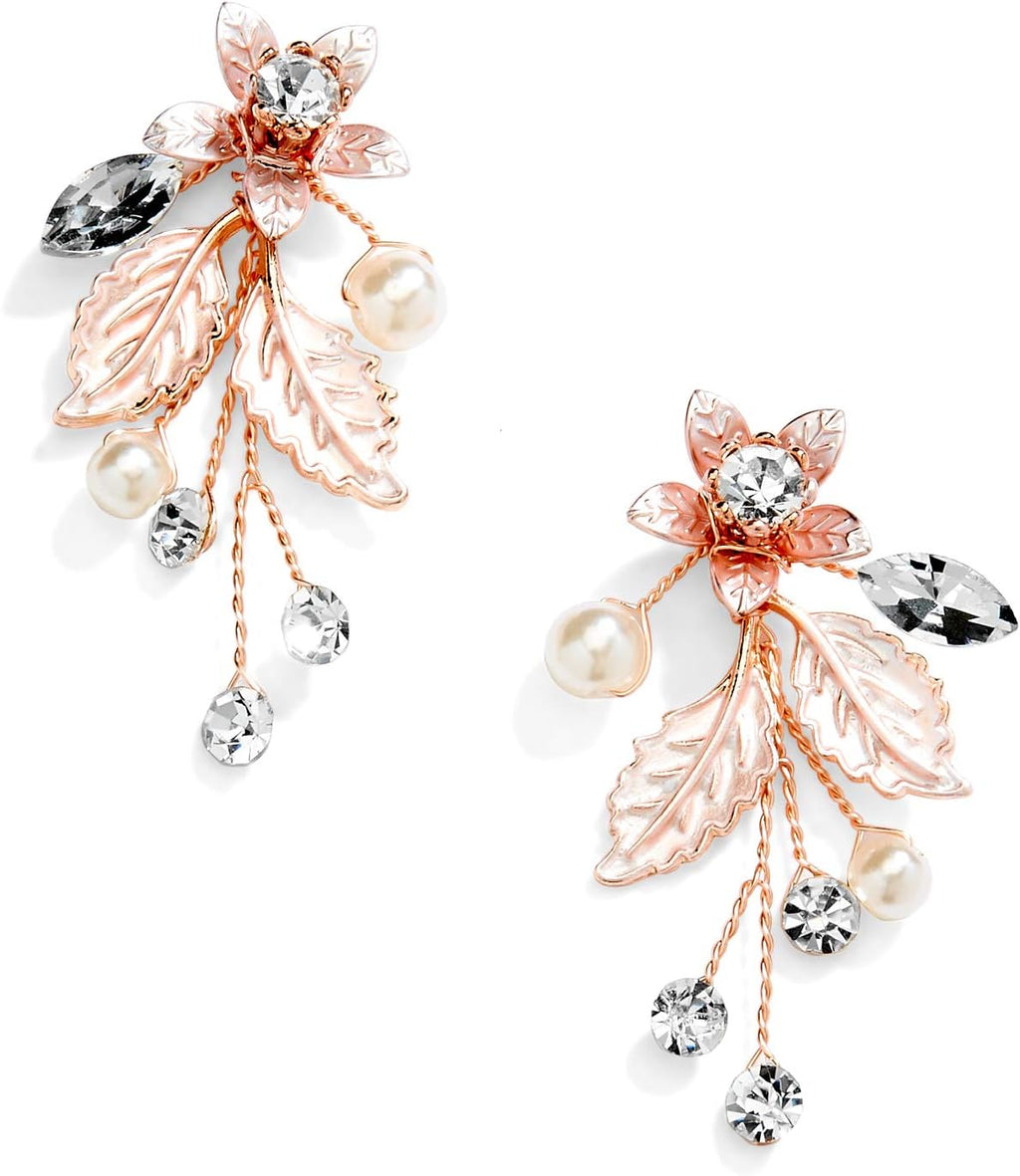 Mariell Bridal and Wedding Rose Gold Handmade Dangle Earrings with Clear Crystal Gems and Ivory Pearls
