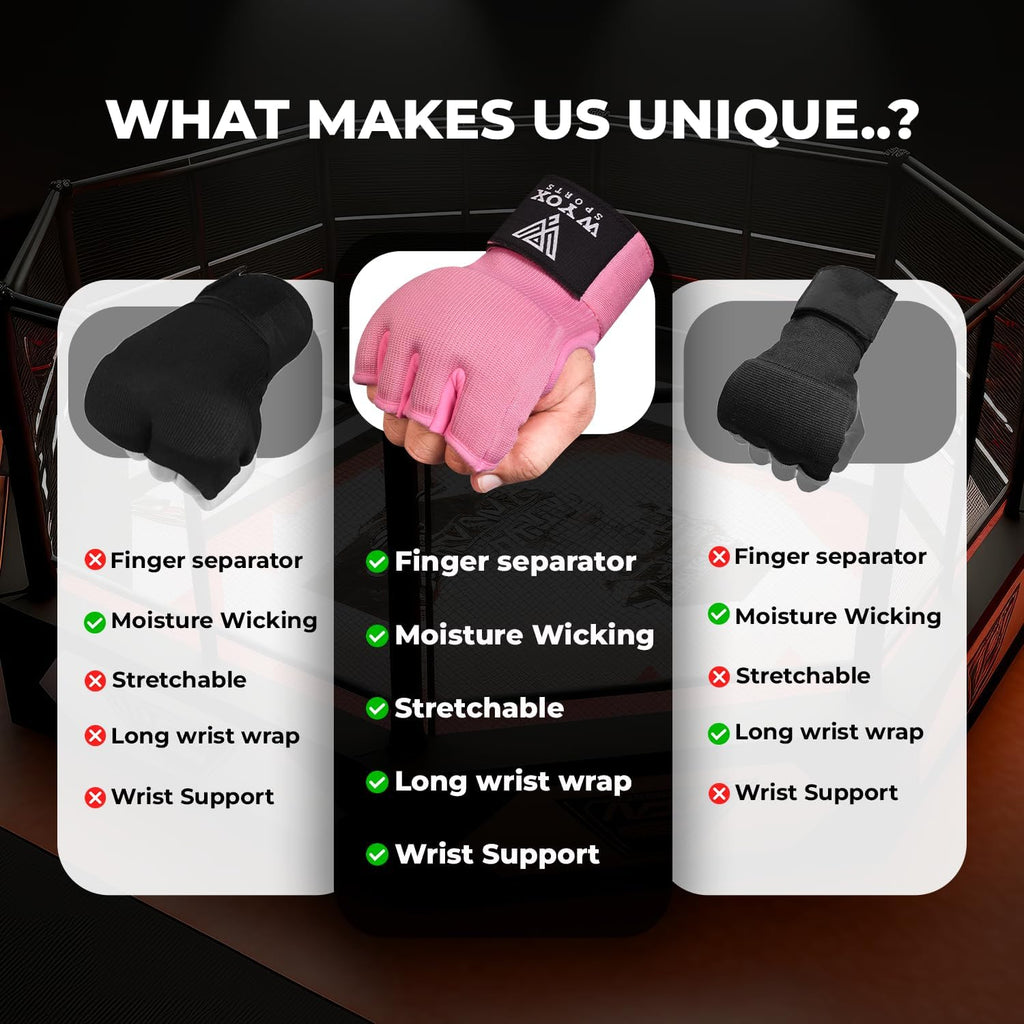 WYOX Gel Boxing Hand Wraps Inner Gloves for Men & Women – 80cm Quick Wrist Strap, Padded Knuckle Support, Fingerless MMA Muay Thai Kickboxing Wraps for Training, Punching & Martial Arts