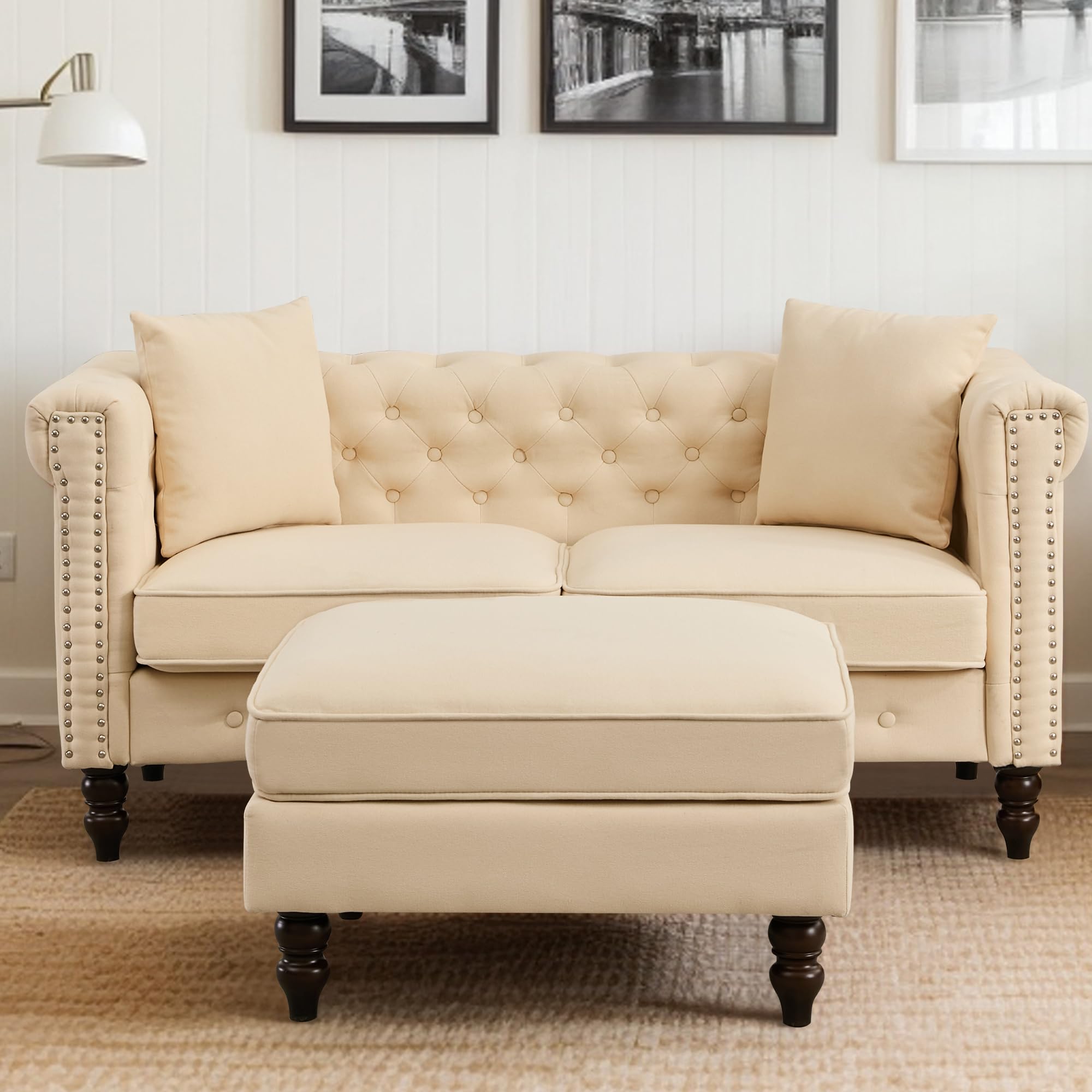 Mid-Century Modern Chesterfield Sofa with Ottoman, Linen Loveseat Classical Retro 2 Seater Couch Tufted Deep Seat Sofa Pet Friendly Sofa Victorian Couch for Living Room (Grey)