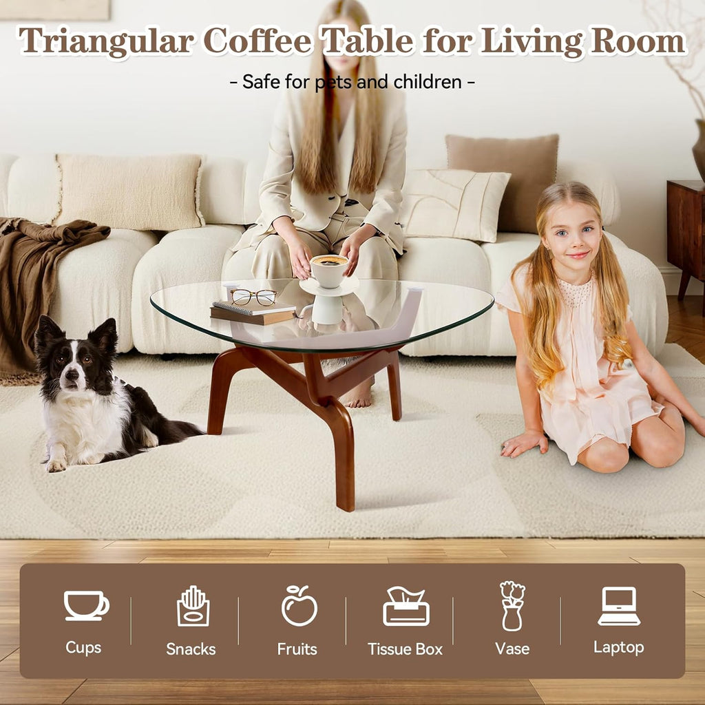 Glass Coffee Tables for Living Room, Triangle Coffee Table with Non-Tip Rubber Wood Base, Morden Tea Table with Tempered Glass Top | Perfect for Homes with Kids/Pets, Office, Apartment (Brown)