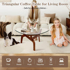 Glass Coffee Tables for Living Room, Triangle Coffee Table with Non-Tip Rubber Wood Base, Morden Tea Table with Tempered Glass Top | Perfect for Homes with Kids/Pets, Office, Apartment (Brown)
