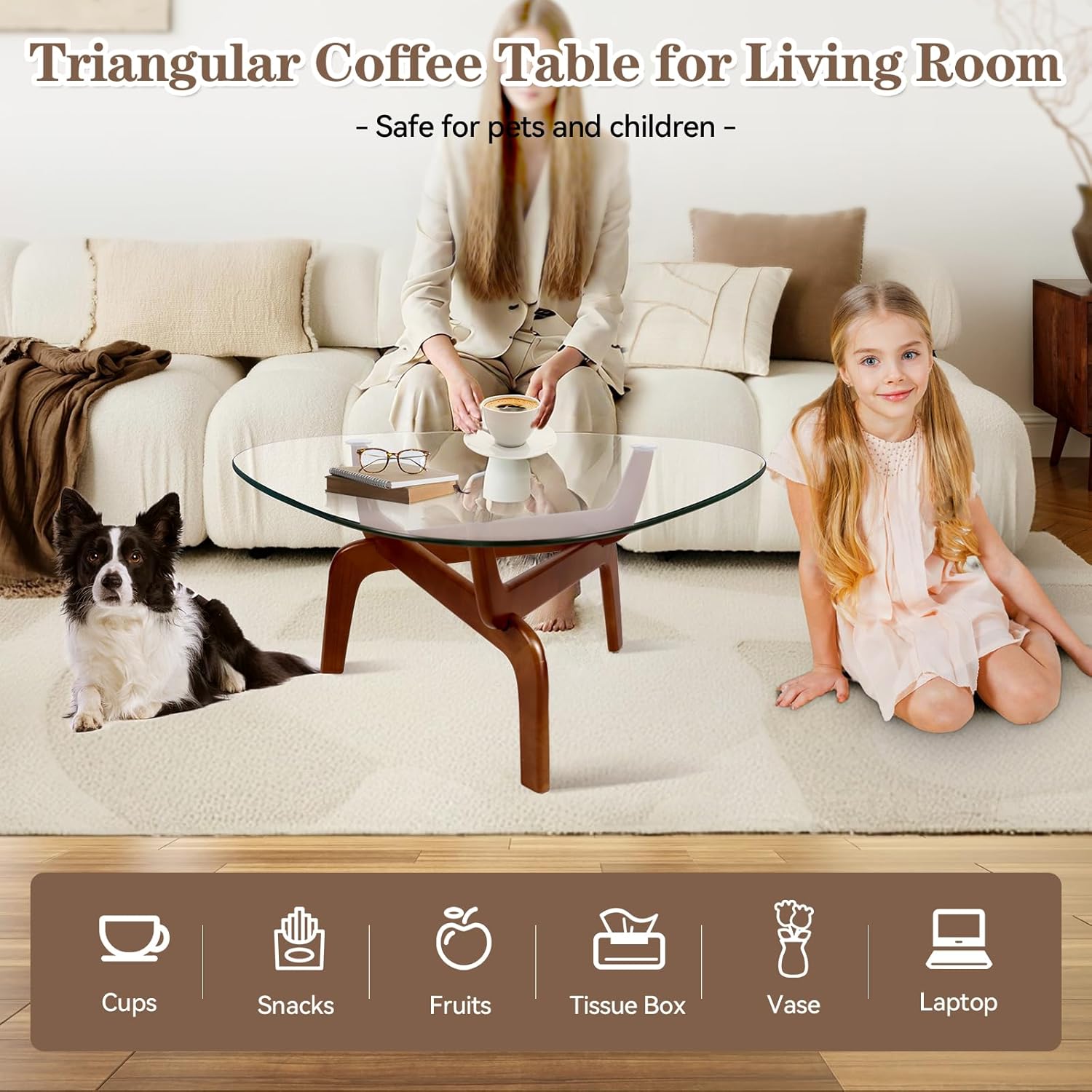 Glass Coffee Tables for Living Room, Triangle Coffee Table with Non-Tip Rubber Wood Base, Morden Tea Table with Tempered Glass Top | Perfect for Homes with Kids/Pets, Office, Apartment (Brown)