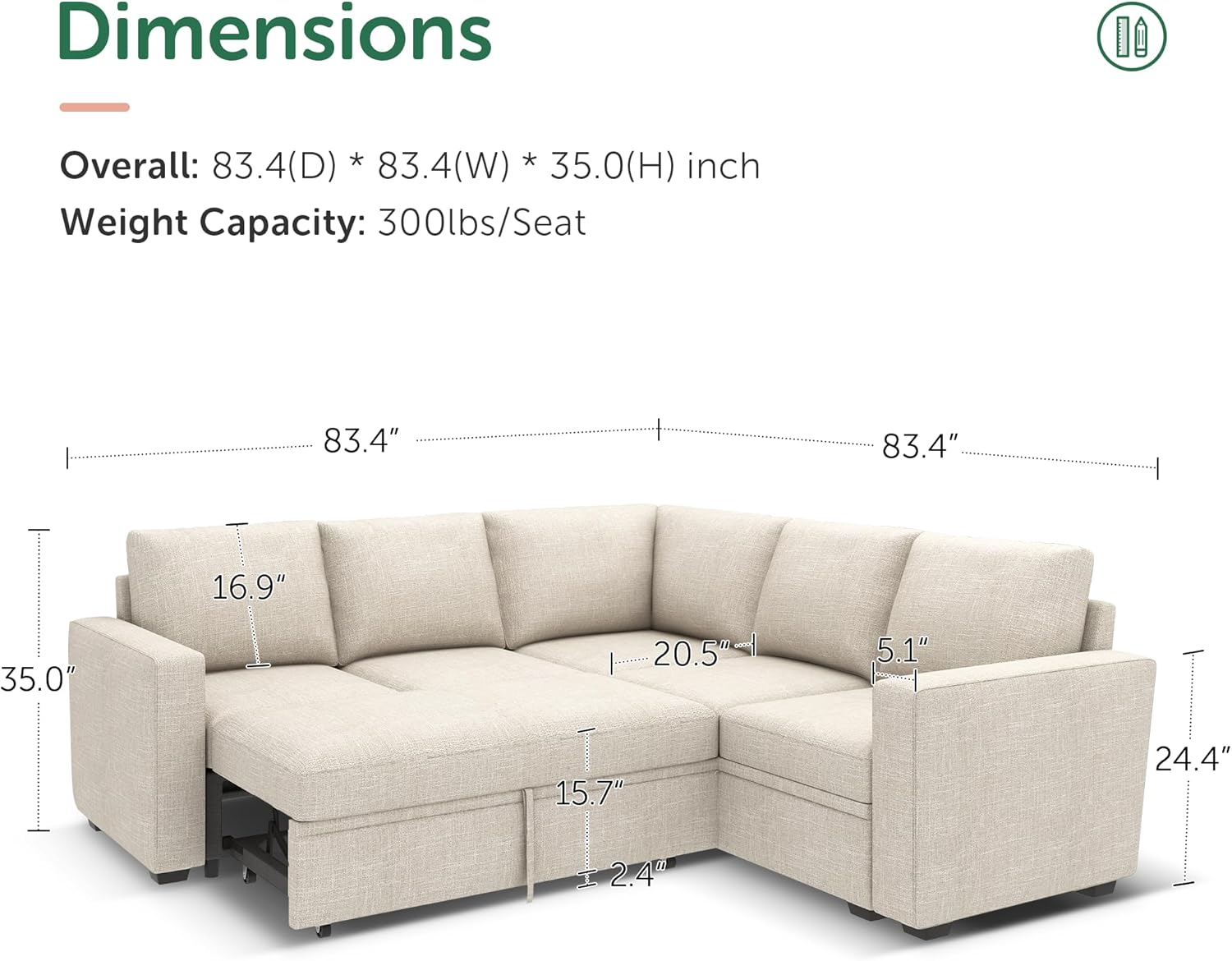 HONBAY Modular Sectional Sleeper Sofa with Pull Out Bed, L Shaped Couch with Storage Seat, Convertible Sectional Couches for Living Room, Beige