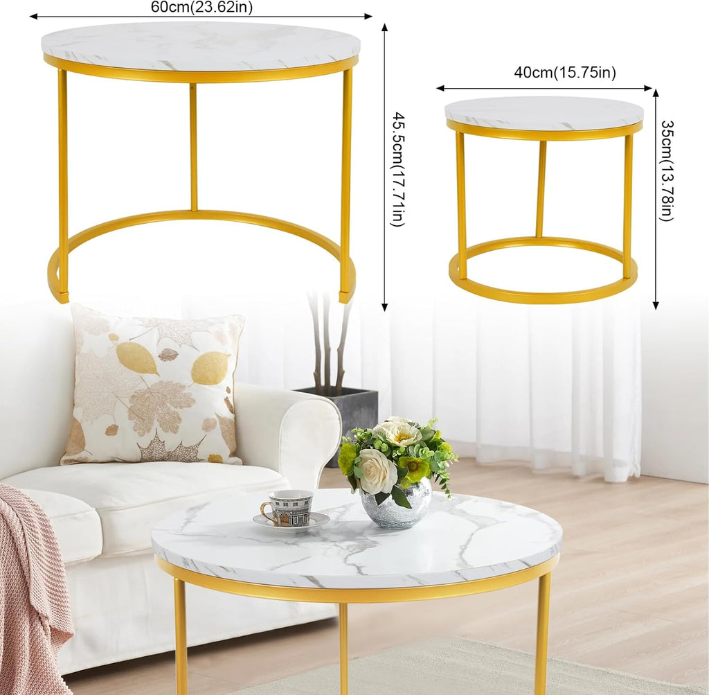 Round Nesting Coffee Tables Set: White Gold Marble Nesting Coffee Table Set of 2 - Modern Metal Stacking Side Table for Living Room Small Spaces