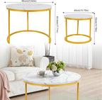 Round Nesting Coffee Tables Set: White Gold Marble Nesting Coffee Table Set of 2 - Modern Metal Stacking Side Table for Living Room Small Spaces