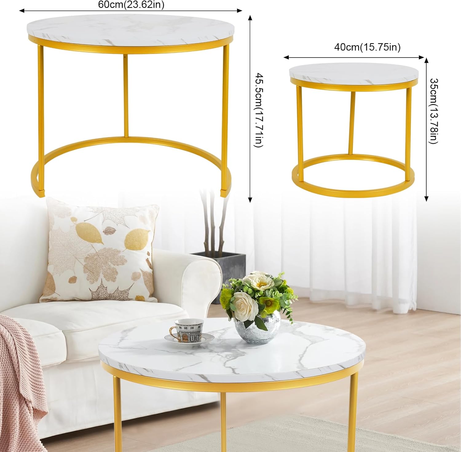 Round Nesting Coffee Tables Set: White Gold Marble Nesting Coffee Table Set of 2 - Modern Metal Stacking Side Table for Living Room Small Spaces