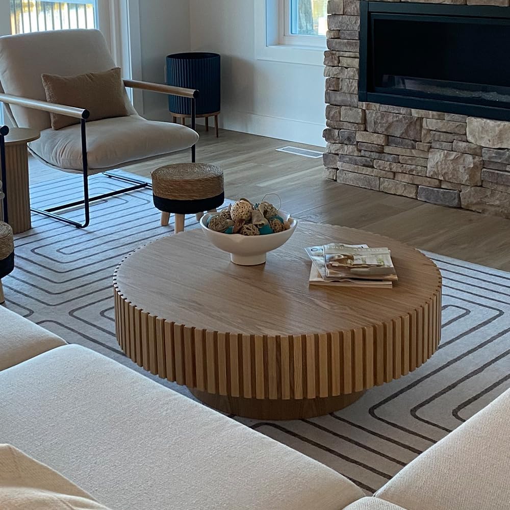 Round Coffee Table for Living Room Contemporary Wood Circle Fluted Coffee Table for Apartment, Easy Assembly ø31.49'', Wood Oak
