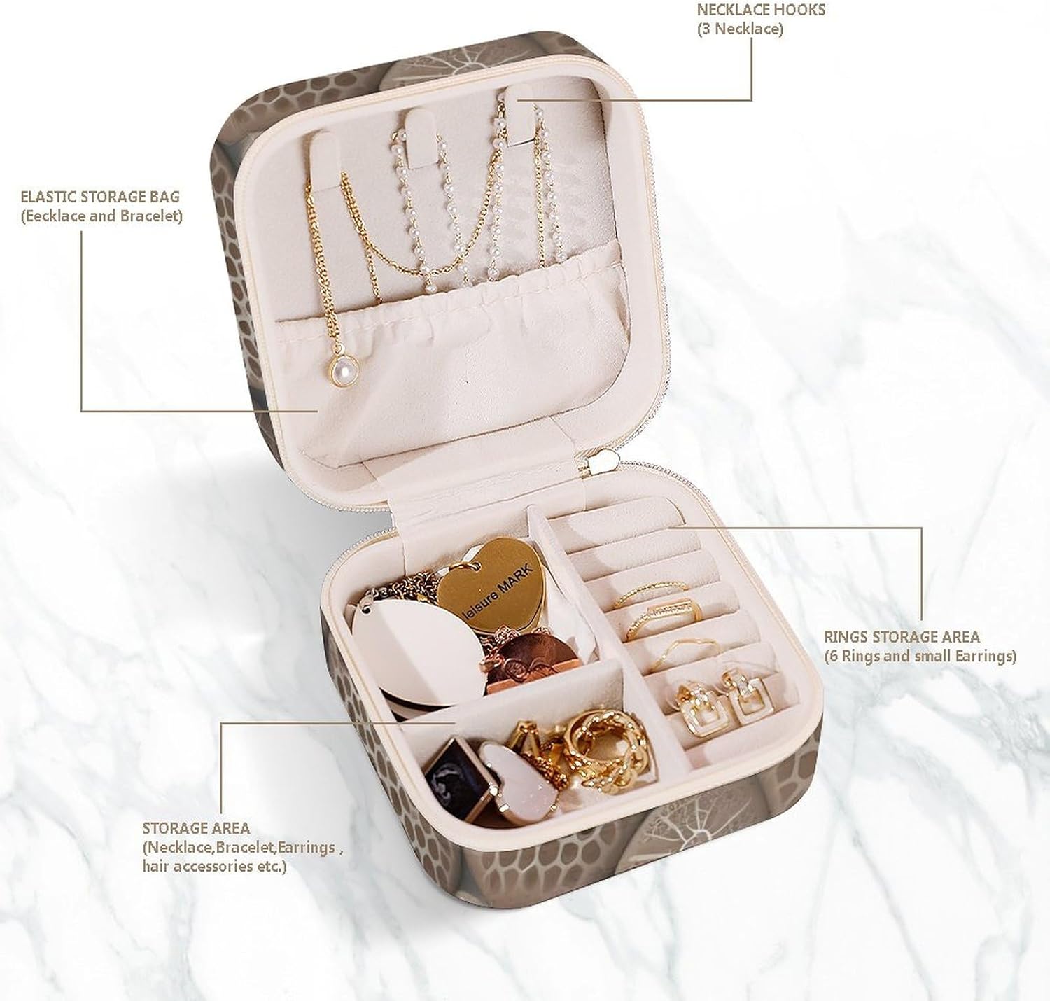 Travel Jewelry Case Petoskey Stone Printed Small Jewelry Box Jewelry Organizer Storage Case Portable PU Leather Mini Jewelry Travel Case for Rings Earrings Necklaces