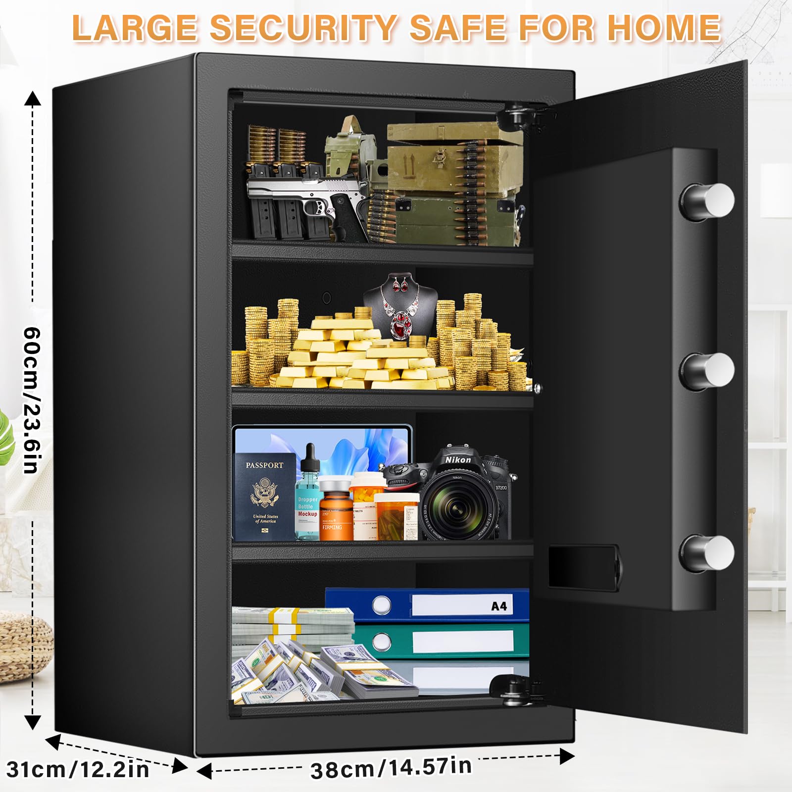 4.0 Kübik Büyük Ev Kasası Yangın Geçirmez Su Geçirmez, Hırsızlığa Karşı Yangın Geçirmez Kasa Programlanabilir Tuş Takımı, Yedek Anahtarlar ve Çıkarılabilir Raf ile, Ev Parası, Ateşli Silahlar, Belgeler ve İlaçlar için Dijital Güvenlik Kasası