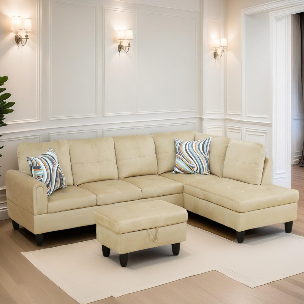 Leather Sectional Couch, Modern L Shaped Couches for Living Room, Comfy 4 Seat Modular Sectional Sofa with Ottoman Storage for Bedroom Apartment, Black