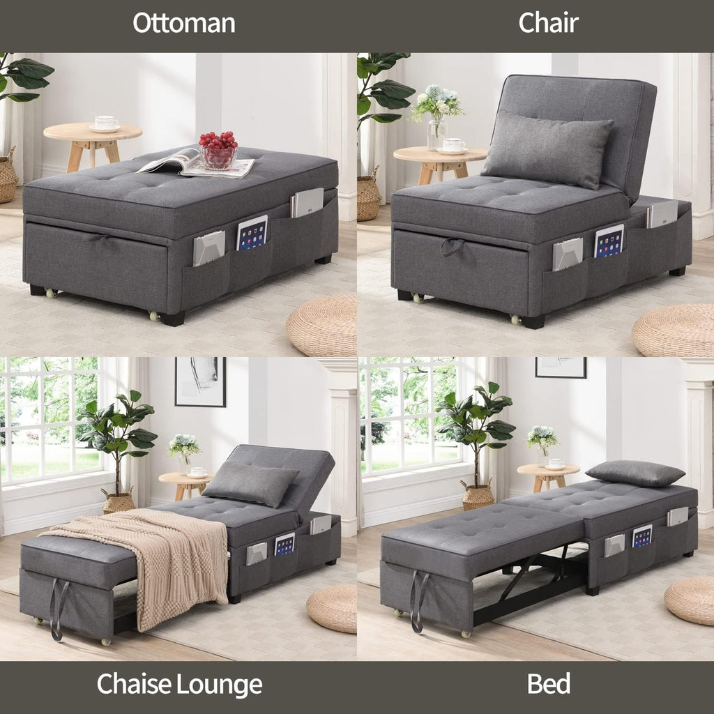 Cynefin Futon Chair with Lumbar Pillow and 3 Side Pockets, Sofa Bed Chair, Convertible 4 in 1 Ottoman Bed Tufted Fabric Gray (M, Gray)